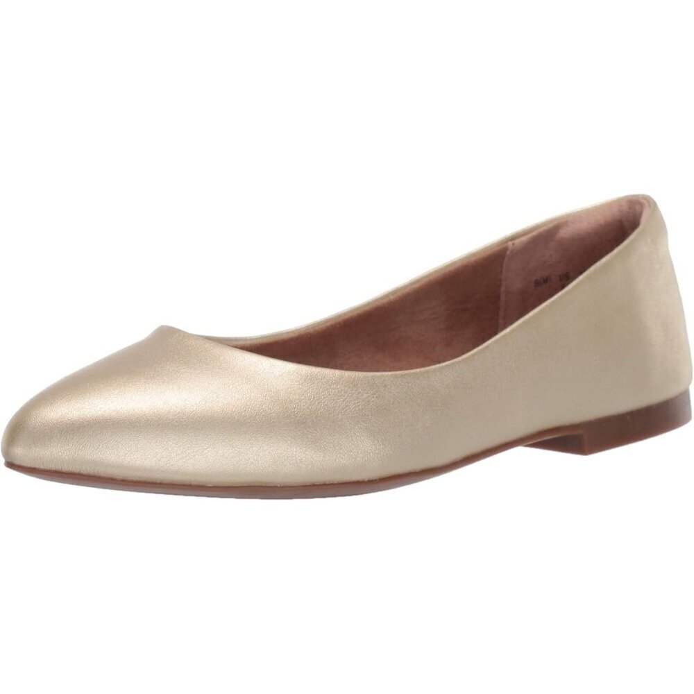 Womens Gold Faux Leather Closed Pointed-Toe Low Heel Slip On Ballet Flat Shoes
